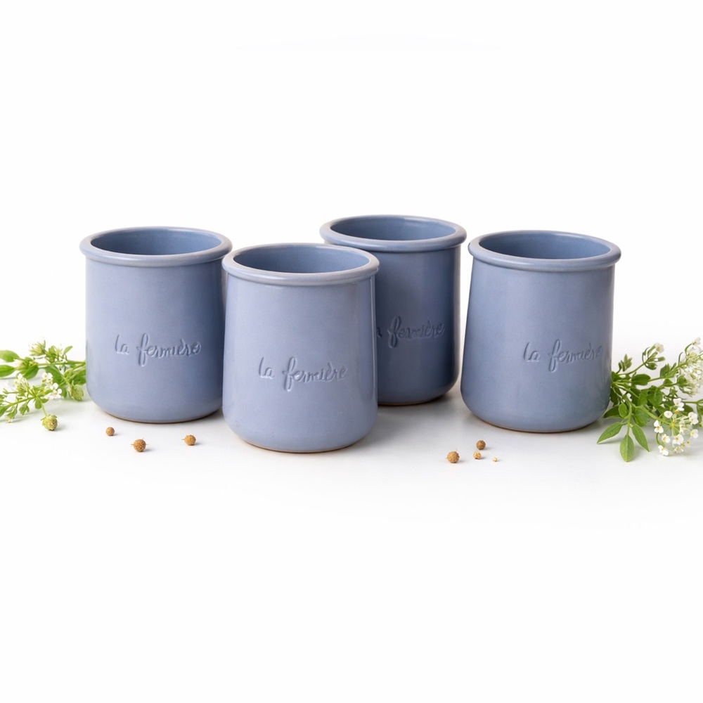 Set of 4 La Fermière Blue French Yogurt Glass Clay Pots Cottagecore Decor